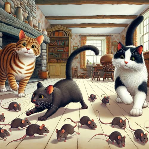 Animated Cats Chasing Five Mice in Rustic House