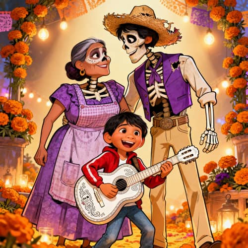 Coco-Inspired Cartoon Art with Imelda, Hector, and Miguel Coco-Inspired Cartoon Art with Imelda, Hector, and Miguel