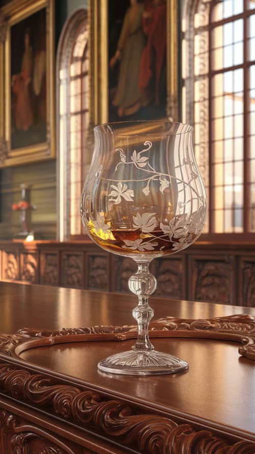Elegant Glass Goblet in Renaissance Hall - Digital Art