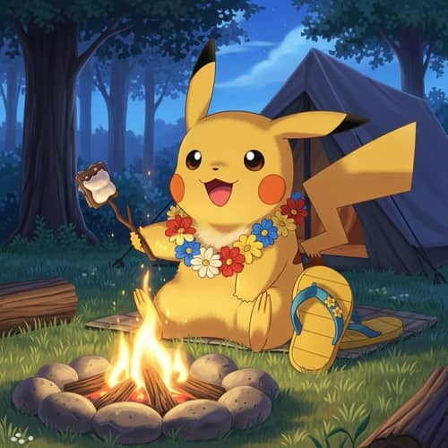 Pikachu Camping Fun with Flower Necklace