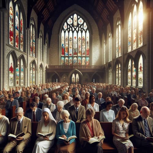 Diverse Church Congregation at Serene Stone-Built Church