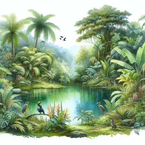 Tranquil Jungle Oasis Watercolor Scene