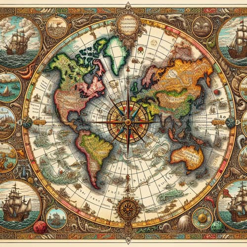 Antique World Map: Explore Continents and Mythical Creatures