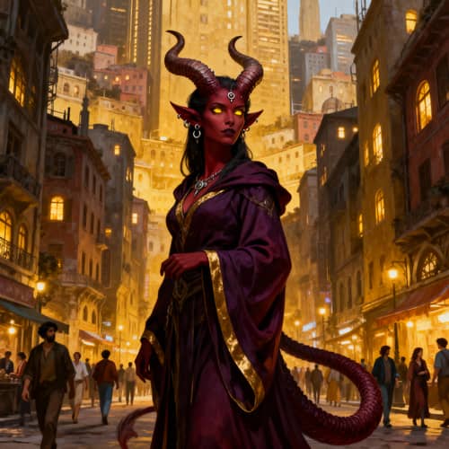 Powerful Tiefling Sorcerer in Cityscape Powerful Tiefling Sorcerer in Cityscape