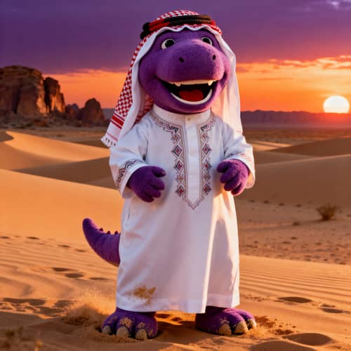 Barney the Dinosaur in Traditional Thobe at Sunset Barney the Dinosaur in Traditional Thobe at Sunset