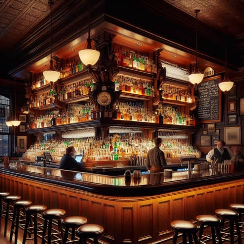 Traditional Style Bar Interior with Polished Dark Oak Bar Top