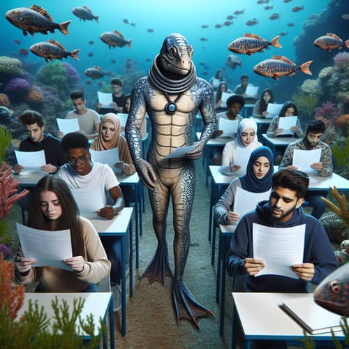 Diverse Students Attempt Exam Underwater to Reptilian Teacher