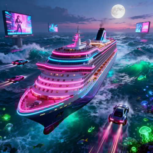 Futuristic Cruise Ship: Neon Lights & Cyberpunk Vibes Futuristic Cruise Ship: Neon Lights & Cyberpunk Vibes
