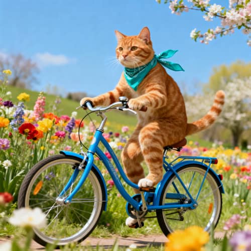Cute Cat Riding a Bicycle in a Spring Meadow Cute Cat Riding a Bicycle in a Spring Meadow