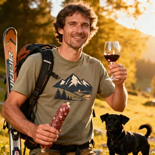Adventure Portrait: Skier with Wine and Dog Adventure Portrait: Skier with Wine and Dog