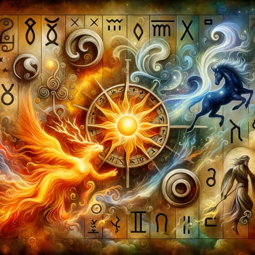 Symbolic Artwork: Sun, Fire, Zodiac Signs & Runes