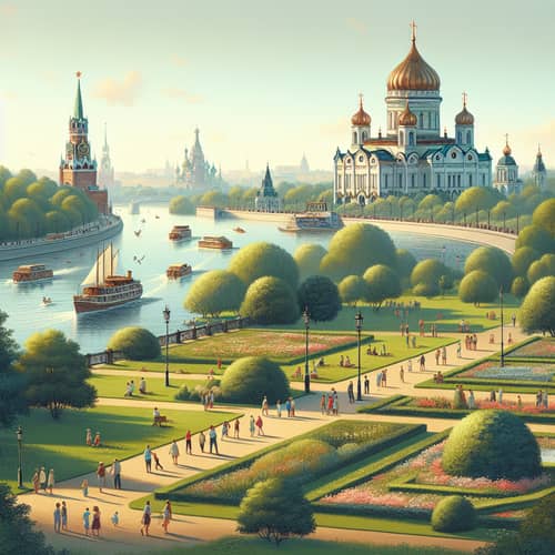 Tranquil Day in Moscow: Serene Park, Majestic Cathedral, and River Views