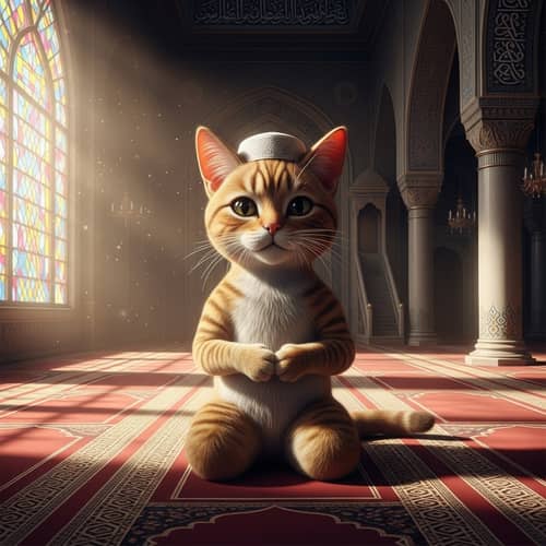 Human-like Cat in Mosque Prayer Row - 3D Ultra HD
