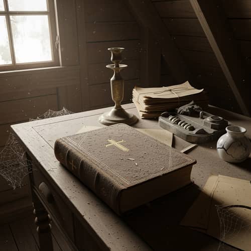 Dusty Bible on Attic Desk - A Timeless Discovery Dusty Bible on Attic Desk - A Timeless Discovery