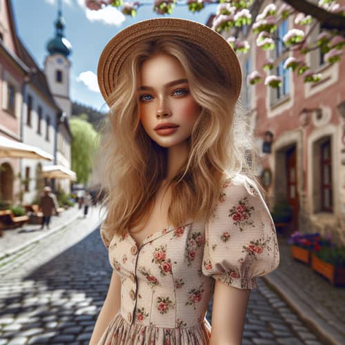 Charming European Girl Walking on Sunny Cobblestone Street