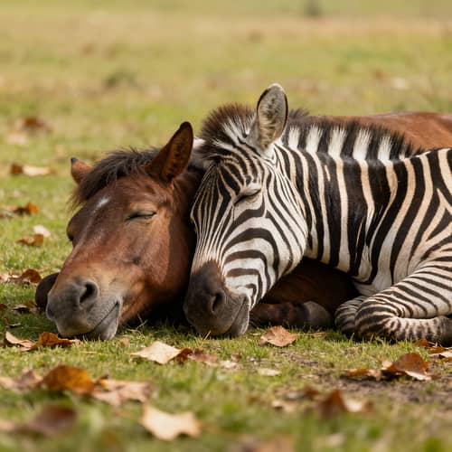 Horse and Zebra Sleeping Together - Lifelike Scene