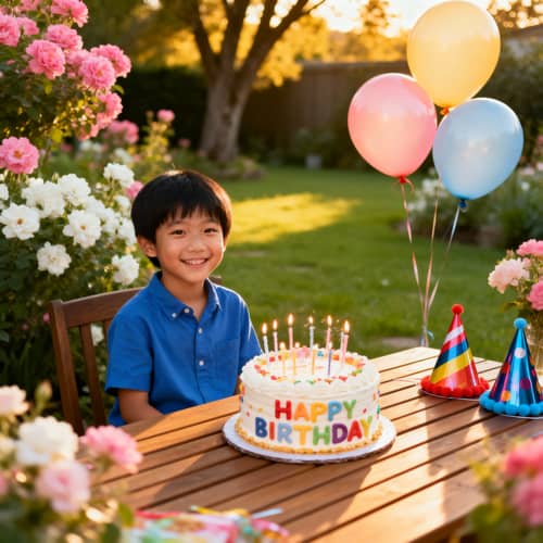 Asian Boy's Birthday Celebration in a Garden
