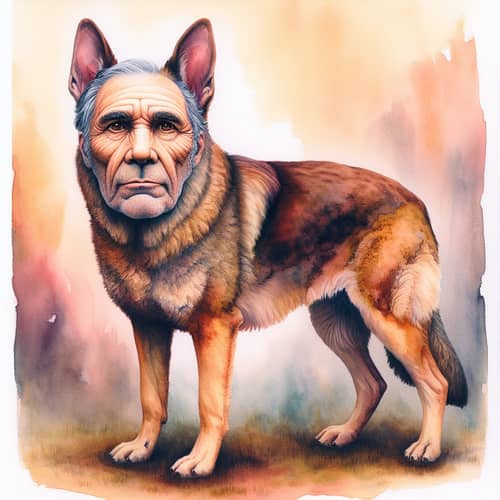 Surreal Watercolor Painting: Human-Headed Dog Transformation