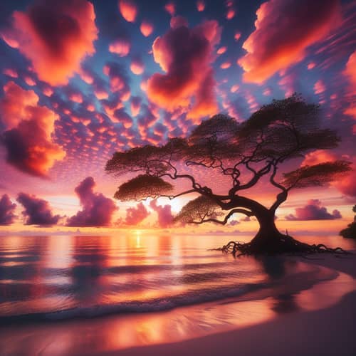 Tranquil Ocean Sunset with Silhouette Tree | Calm Evening Glow