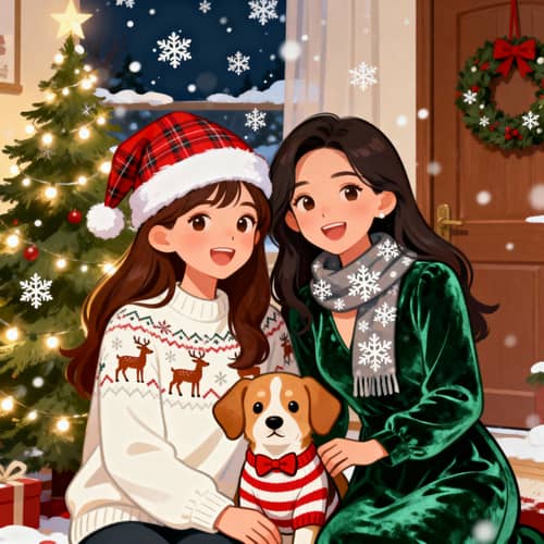 Christmas Cartoon: Women & Dog in Festive Attire