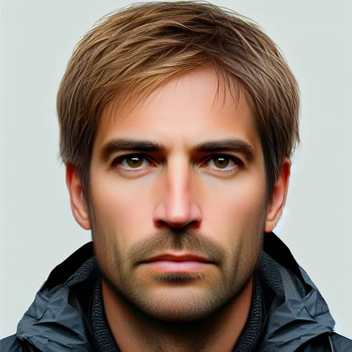 39-Year-Old Caucasian Man with Brown Hair and Stubble in Black Raincoat