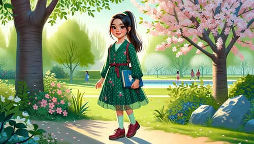 Young South Asian Girl Portrait in Forest Green Dress by Cherry Blossom Tree