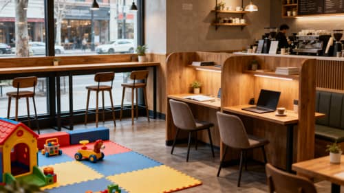Cozy Urban Coffee Shop with Study Space & Playground Cozy Urban Coffee Shop with Study Space & Playground
