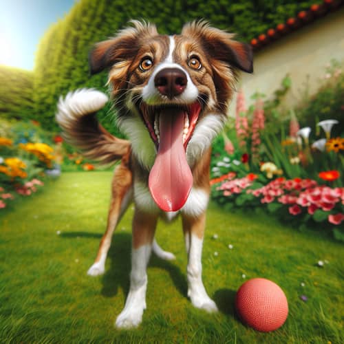 Excited Dog Playfully Wagging Tail in Lush Green Field