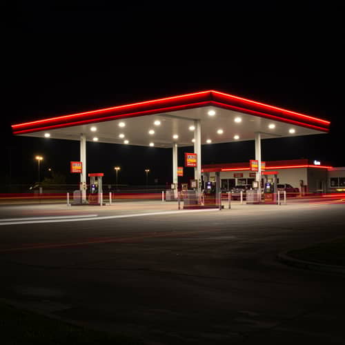 Vibrant Neon Gas Station at Night
