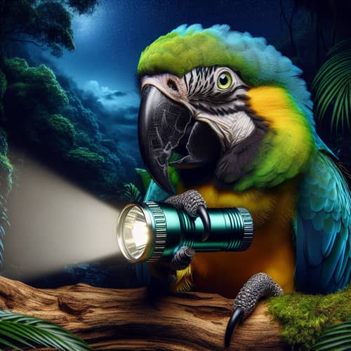 Vibrant Macaw Parrot with Flashlight in Night-Time Jungle