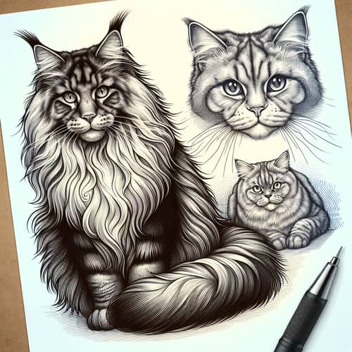 Detailed Tattoo Design of Maine Coon and Scottish Straight Cats