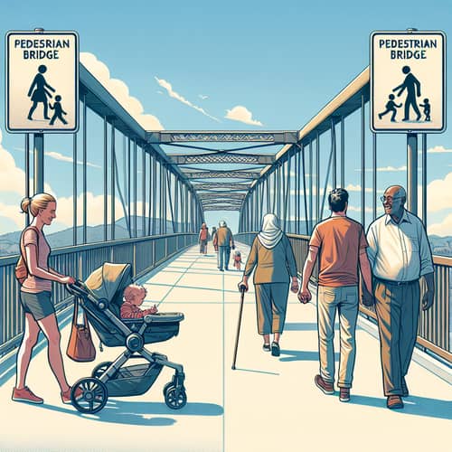 Diverse Scenes on a Pedestrian Bridge: Mother, Couple, Gentleman