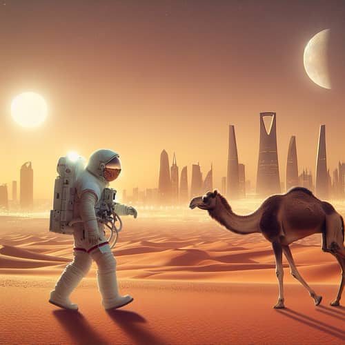Astronaut Gazelle Guiding Camel in Riyadh