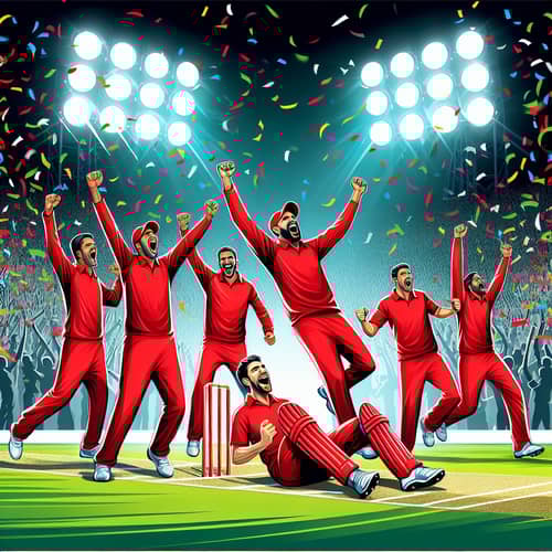 Jubilant Multicultural Cricket Team Celebration on Floodlit Pitch