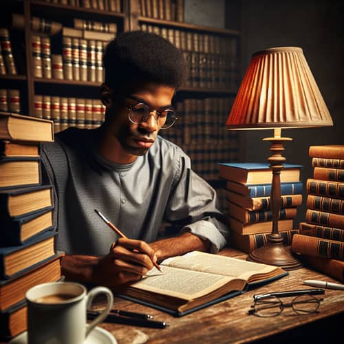 Dedicated Black Law Student Studying Late Night with Books and Coffee