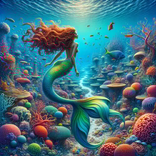 Surreal Underwater Mermaid Scene with Vibrant Coral Reef