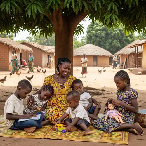 African Woman with Four Children in Village Scene African Woman with Four Children in Village Scene