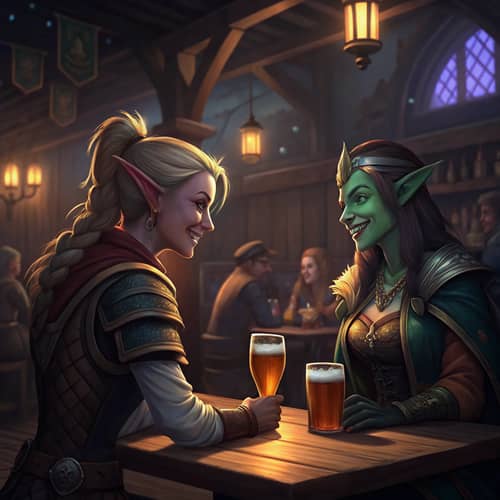 Humans and Night Elf Socializing in WoW Tavern