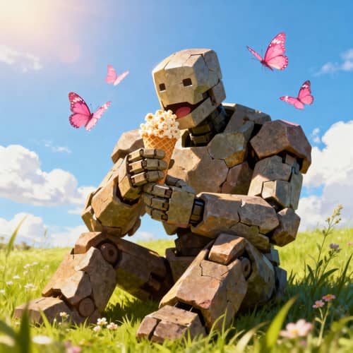 Sunny Day with Golem Enjoying Popcorn Ice Cream Sunny Day with Golem Enjoying Popcorn Ice Cream