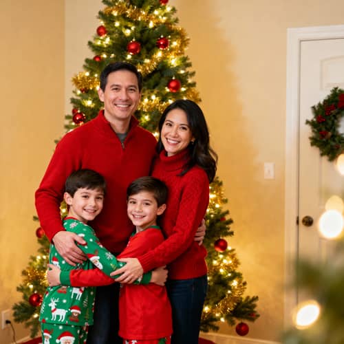 Cozy Family Christmas Photo with Twinkling Lights Cozy Family Christmas Photo with Twinkling Lights
