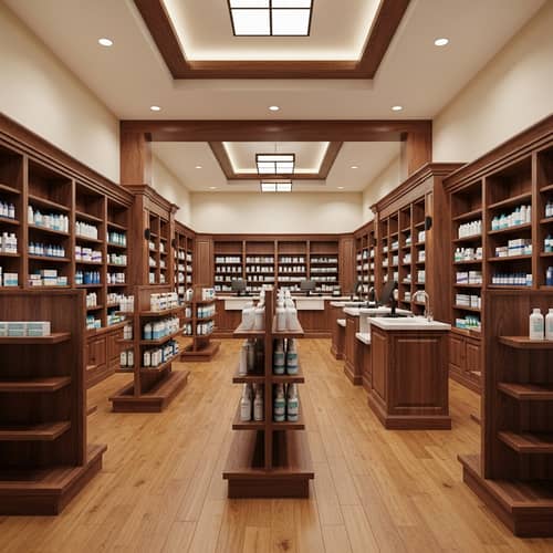 3D Retail Pharmacy Interior Design in Wooden Finish