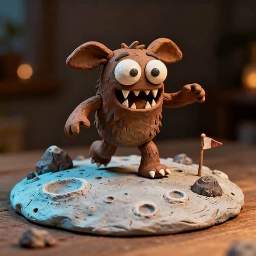 Whimsical Claymation Monster in Miniature Moon Landscape