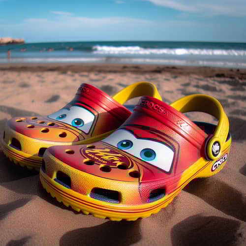 Colorful Lightning McQueen Crocs Sandals on Mazatlan Beach