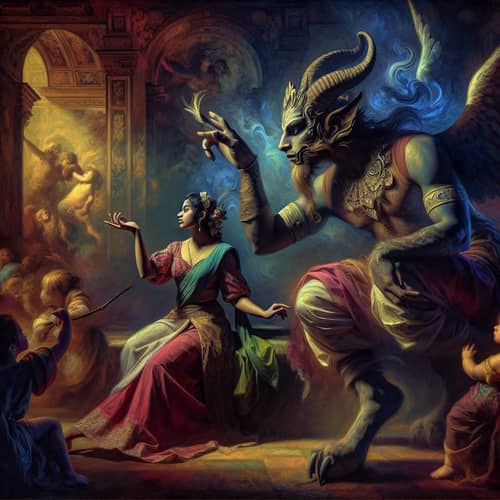 Petite Woman Interacting with Mythical Creature in Baroque-inspired Setting