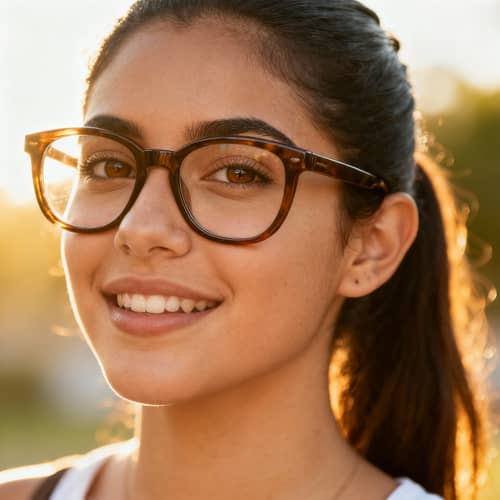 Carefree Young Hispanic Woman in Vibrant Glasses