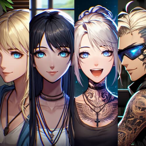 Blonde Girl, Black Hair Girl, Blonde Guy, Tattoo Gamer Cyber Punk
