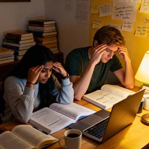 Study Stress: Students in Late Night Study Session Study Stress: Students in Late Night Study Session