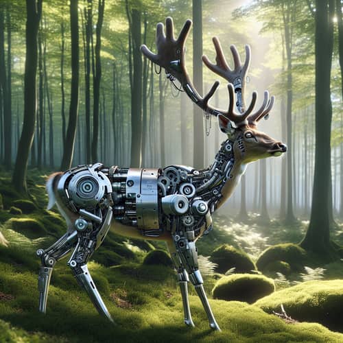 Cybernetic Deer: Nature Meets Machinery in Serene Forest Setting