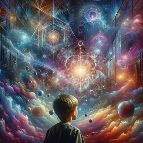 Curious Boy Gazing into Kaleidoscopic Dream World