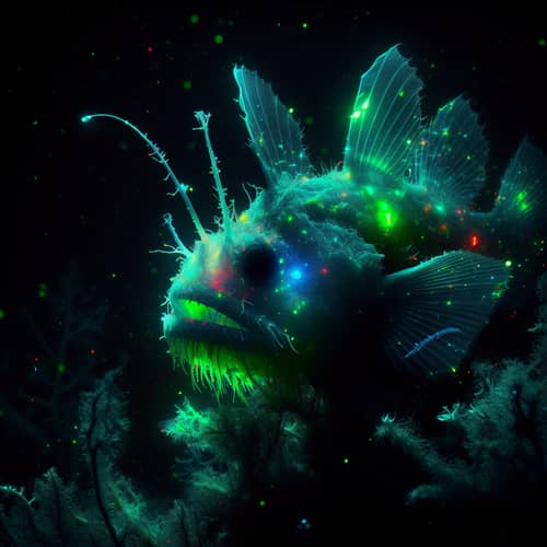Ethereal Anglerfish Bioluminescence in Dark Abyss